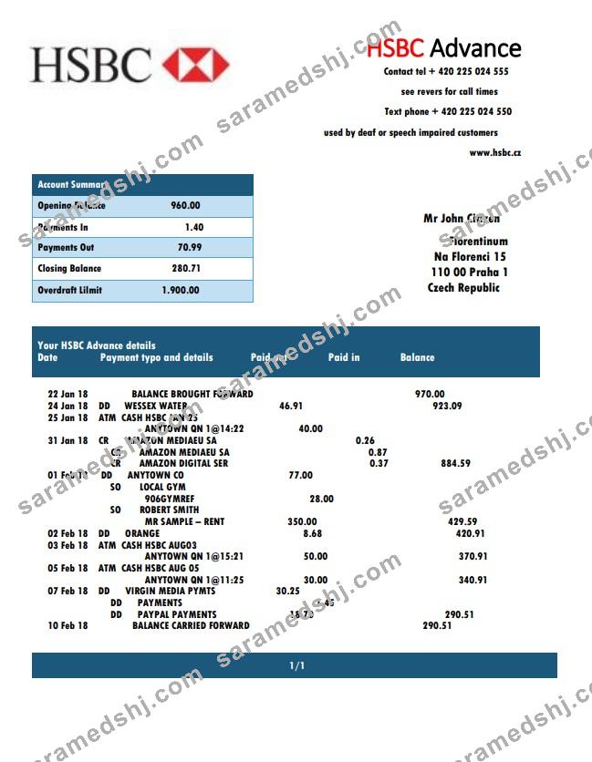 Czech HSBC bank statement easy to fill template